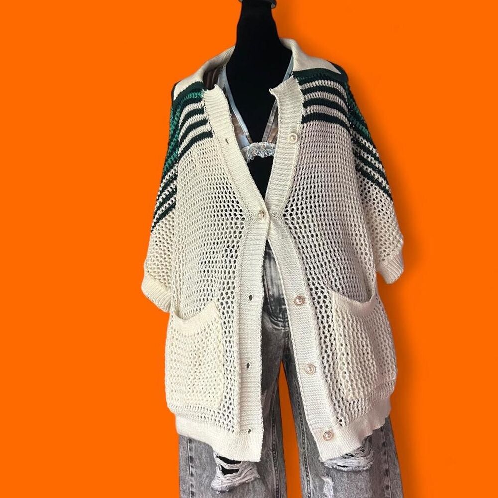 Cream Green Open Knit Striped Cardigan Pearl Buttons